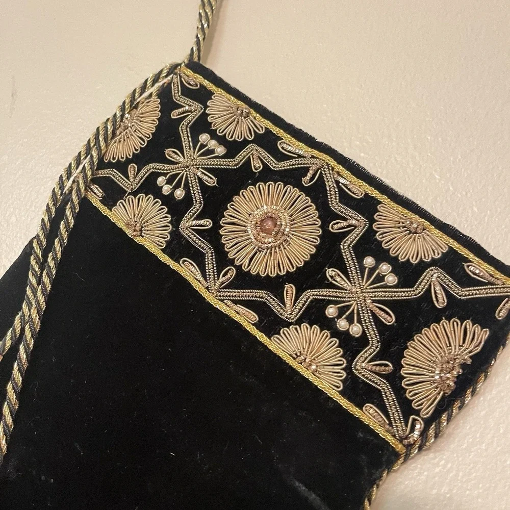 Neiman Marcus Precious Stone Gold Embroidered Velvet Christmas‎ Stocking Sudha
